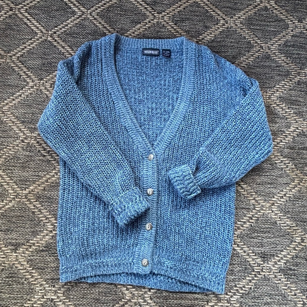 Vintage Mixed Blues Chunky Knit Sweater | Blue Ramie Cotton Blend | Small